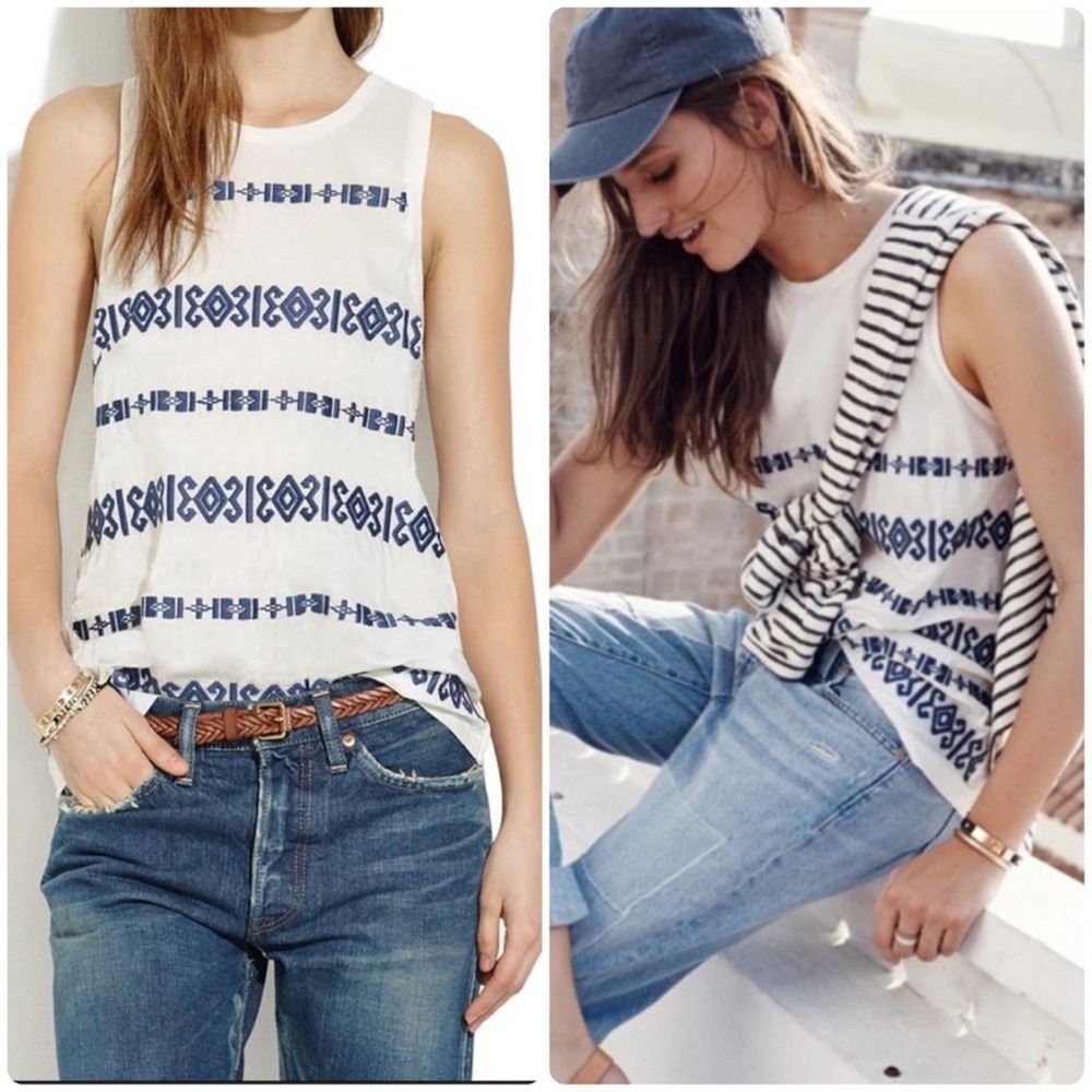 Madewell Womens Embroidered Design Tank Top Small White Blue Loose Fit